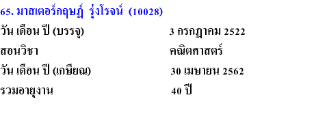65. มาสเตอร์กฤษฏ์ รุ่งโรจน์ (10028) วัน เดือน ปี (บรรจุ) 3 กรกฏาคม 2522 สอนวิชา คณิตศาสตร์ วัน เดือน ปี (เกษียณ) 30 เมษายน 2562 รวมอายุงาน 40 ปี 