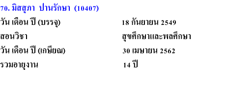 70. มิสสุภา ปานรักษา (10407) วัน เดือน ปี (บรรจุ) 18 กันยายน 2549 สอนวิชา สุขศึกษาและพลศึกษา วัน เดือน ปี (เกษียณ) 30 เมษายน 2562 รวมอายุงาน 14 ปี 