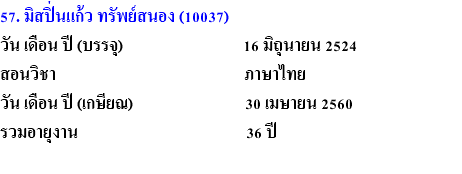 57. มิสปิ่นแก้ว ทรัพย์สนอง (10037) วัน เดือน ปี (บรรจุ) 16 มิถุนายน 2524 สอนวิชา ภาษาไทย วัน เดือน ปี (เกษียณ) 30 เมษายน 2560 รวมอายุงาน 36 ปี 