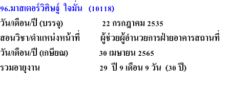 96.มาสเตอร์วิศิษฐ์ ใจมั่น (10118) วัน/เดือน/ปี (บรรจุ) 22 กรกฎาคม 2535 สอนวิชา/ตำแหน่งหน้าที่ ผู้ช่วยผู้อำนวยการฝ่ายอาคารสถานที่ วัน/เดือน/ปี (เกษียณ) 30 เมษายน 2565 รวมอายุงาน 29 ปี 9 เดือน 9 วัน (30 ปี) 