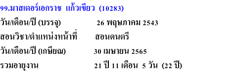 99.มาสเตอร์เอกราช แก้วเขียว (10283) วัน/เดือน/ปี (บรรจุ) 26 พฤษภาคม 2543 สอนวิชา/ตำแหน่งหน้าที่ สอนดนตรี วัน/เดือน/ปี (เกษียณ) 30 เมษายน 2565 รวมอายุงาน 21 ปี 11 เดือน 5 วัน (22 ปี)