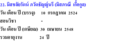 22. มิสชลัยรัตน์ ภวัตธัญญ์นรี (มิสภรณี เกื้อกูล) วัน เดือน ปี (บรรจุ) 10 กรกฎาคม 2524 สอนวิชา - วัน เดือน ปี (เกษียณ) 30 เมษายน 2548 รวมอายุงาน 24 ปี 
