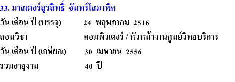 33. มาสเตอร์สุรสิทธิ์ จันทร์โสภาพิศ วัน เดือน ปี (บรรจุ) 24 พฤษภาคม 2516 สอนวิชา คอมพิวเตอร์ / หัวหน้างานศูนย์วิทยบริการ วัน เดือน ปี (เกษียณ) 30 เมษายน 2556 รวมอายุงาน 40 ปี 