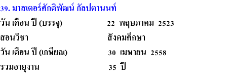 39. มาสเตอร์ศักดิพัฒน์ กัลปตานนท์ วัน เดือน ปี (บรรจุ) 22 พฤษภาคม 2523 สอนวิชา สังคมศึกษา วัน เดือน ปี (เกษียณ) 30 เมษายน 2558 รวมอายุงาน 35 ปี 