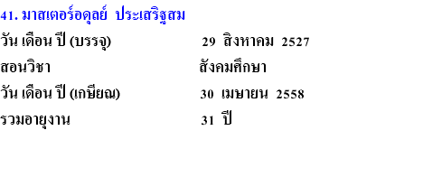 41. มาสเตอร์อดุลย์ ประเสริฐสม วัน เดือน ปี (บรรจุ) 29 สิงหาคม 2527 สอนวิชา สังคมศึกษา วัน เดือน ปี (เกษียณ) 30 เมษายน 2558 รวมอายุงาน 31 ปี 