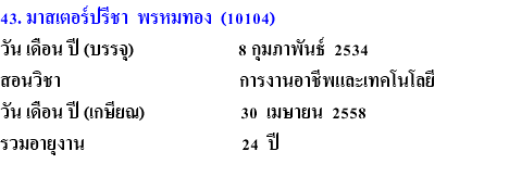 43. มาสเตอร์ปรีชา พรหมทอง (10104) วัน เดือน ปี (บรรจุ) 8 กุมภาพันธ์ 2534 สอนวิชา การงานอาชีพและเทคโนโลยี วัน เดือน ปี (เกษียณ) 30 เมษายน 2558 รวมอายุงาน 24 ปี 