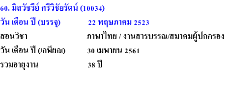 60. มิสวัชรีย์ ศรีวิชัยรัตน์ (10034) วัน เดือน ปี (บรรจุ) 22 พฤษภาคม 2523 สอนวิชา ภาษาไทย / งานสารบรรณ/สมาคมผู้ปกครอง วัน เดือน ปี (เกษียณ) 30 เมษายน 2561 รวมอายุงาน 38 ปี 