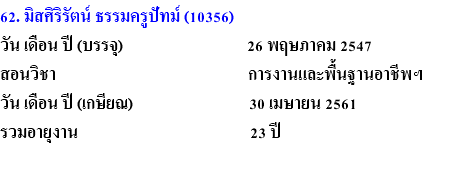 62. มิสศิริรัตน์ ธรรมครูปัทม์ (10356) วัน เดือน ปี (บรรจุ) 26 พฤษภาคม 2547 สอนวิชา การงานและพื้นฐานอาชีพฯ วัน เดือน ปี (เกษียณ) 30 เมษายน 2561 รวมอายุงาน 23 ปี 